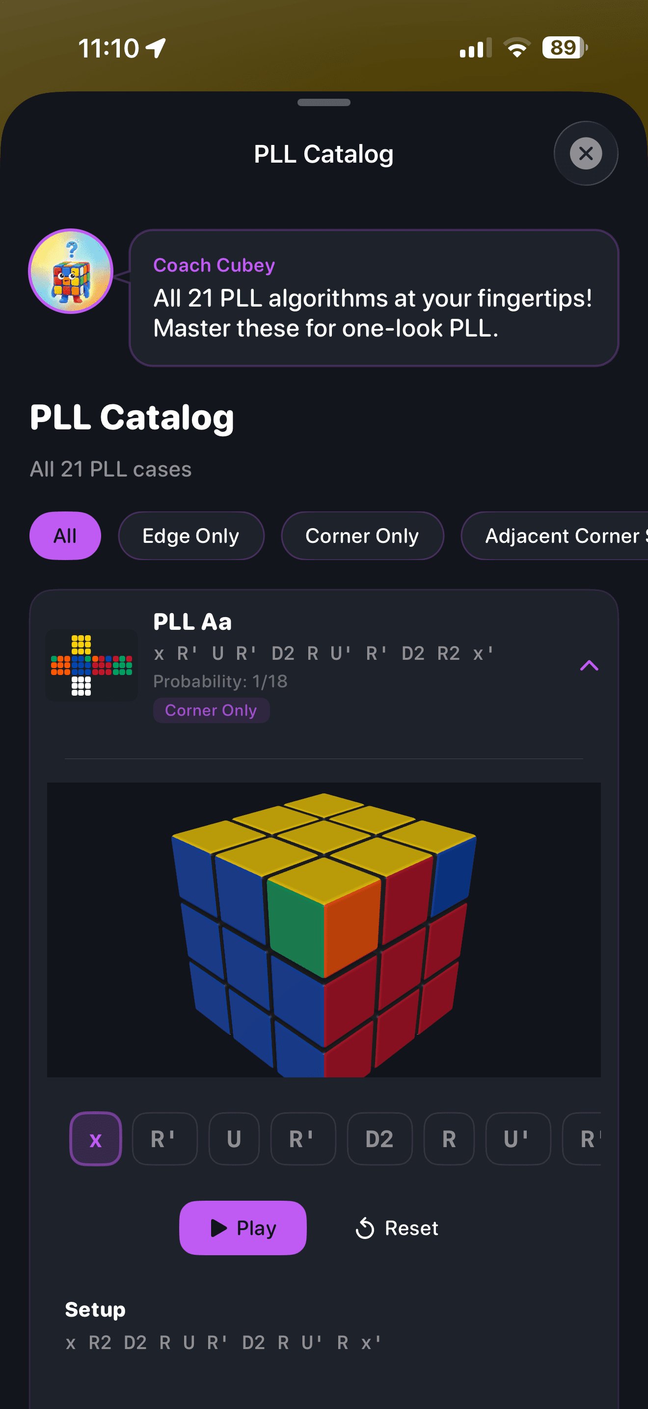 CuberPal PLL catalog showing a PLL case diagram, category, algorithm moves, and playback controls for two-sided recognition practice