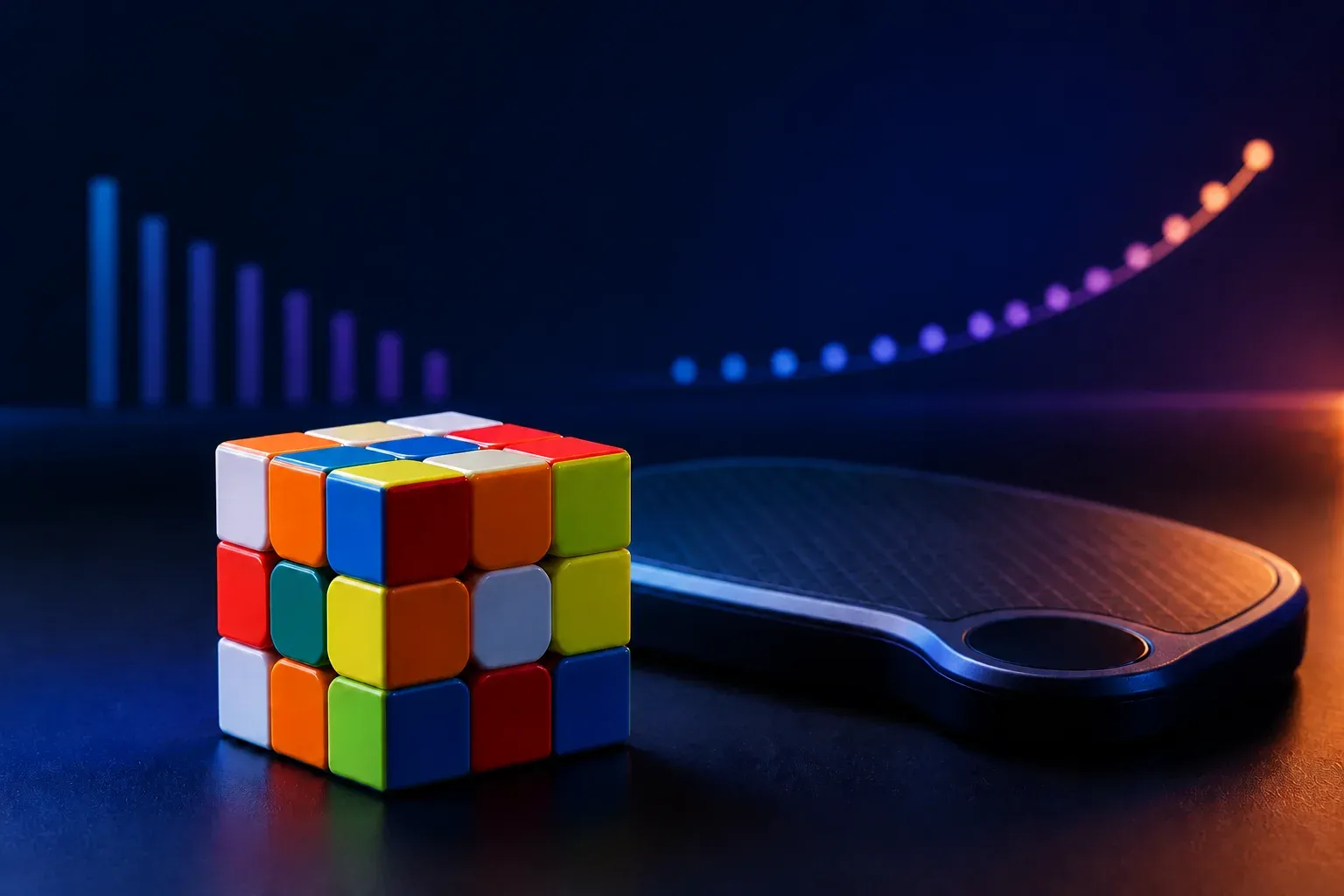 A scrambled speed cube beside an unbranded practice timer with abstract progress lights.