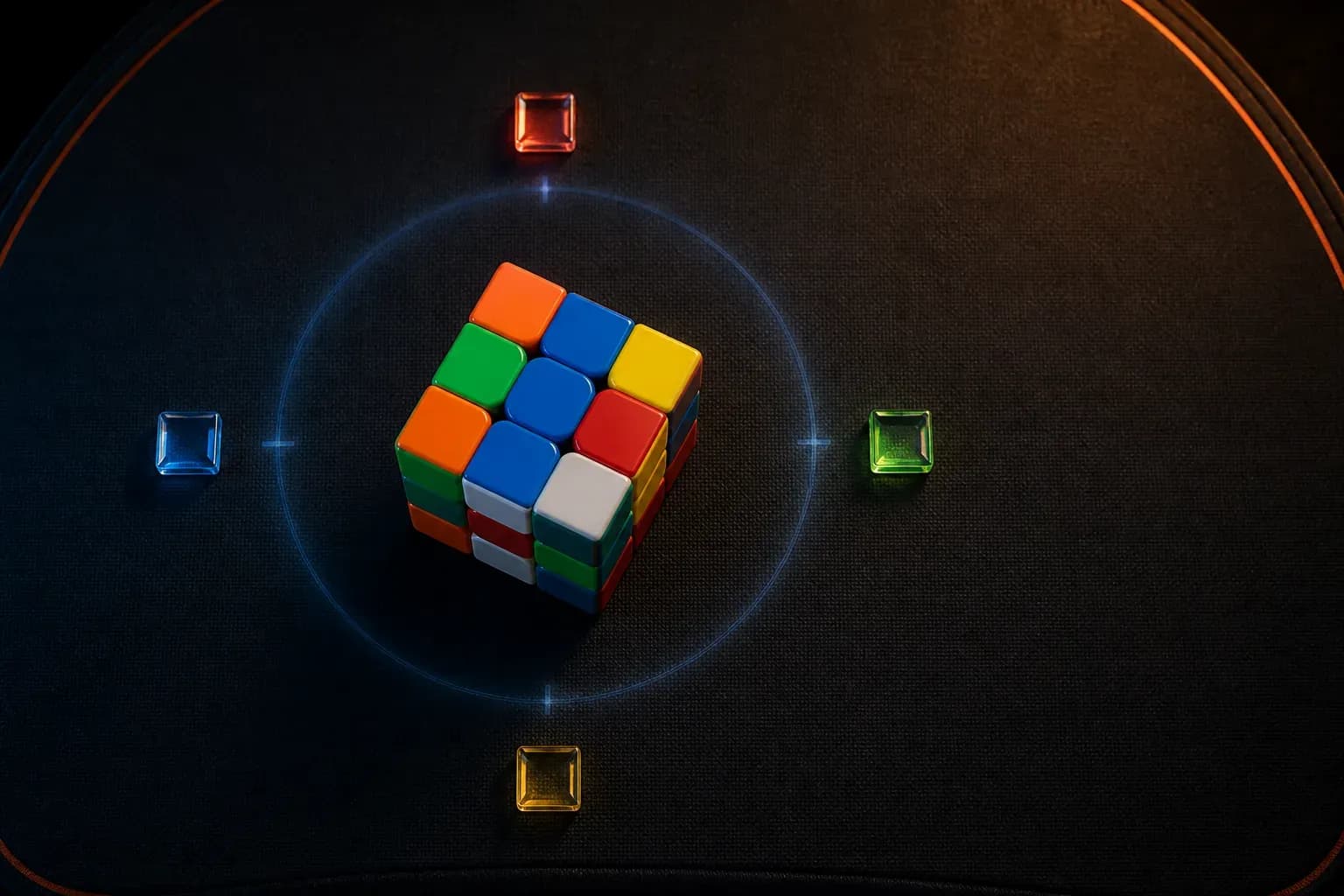 A top-down 3x3 cube encircled by four glowing cross-edge markers during pre-solve inspection.