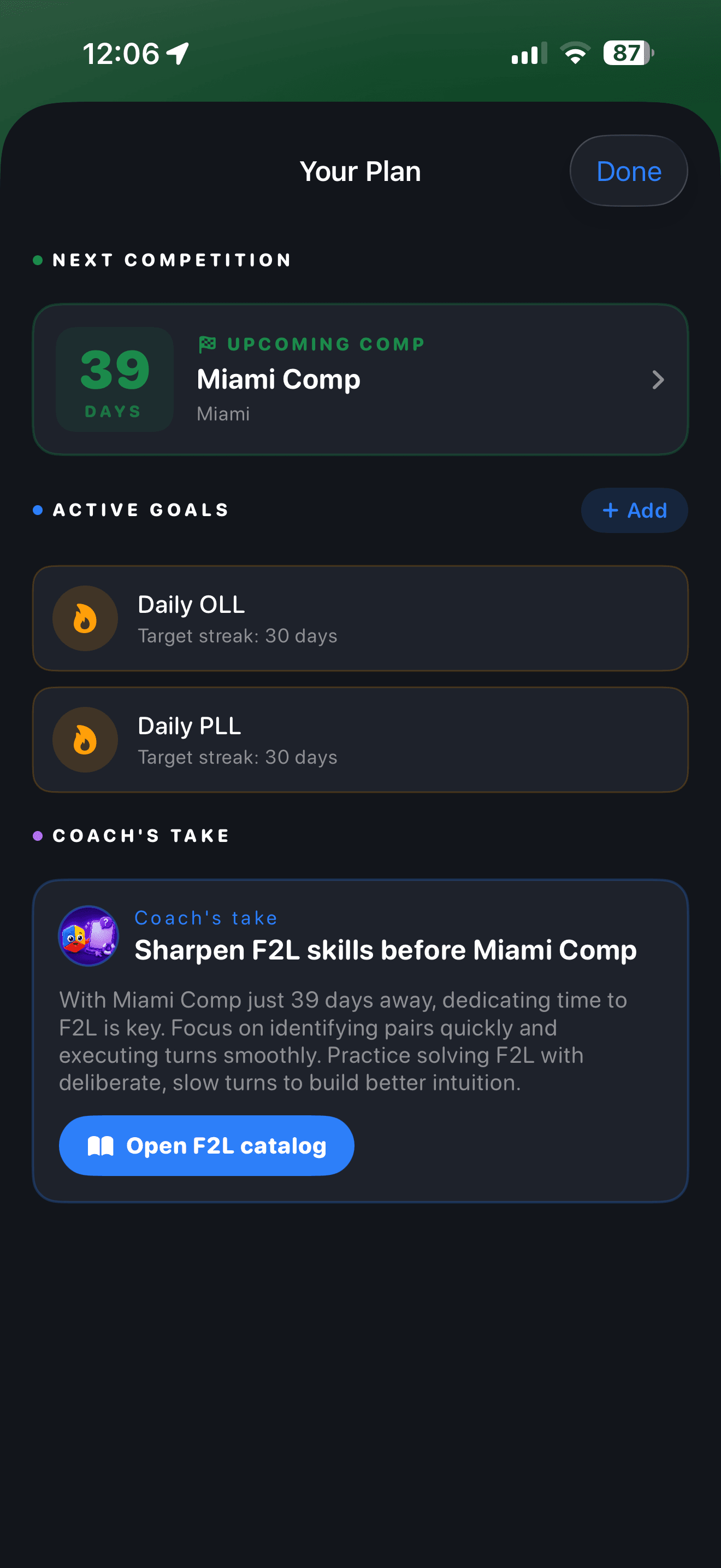CuberPal training plan with a competition countdown and daily OLL, PLL, and F2L goals before a first WCA judging assignment