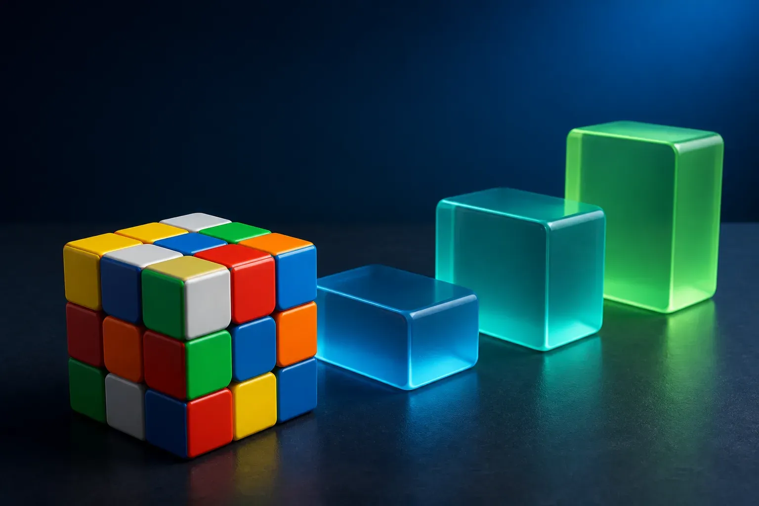 A scrambled 3x3 cube beside three ascending blue and green learning blocks for beginner practice.