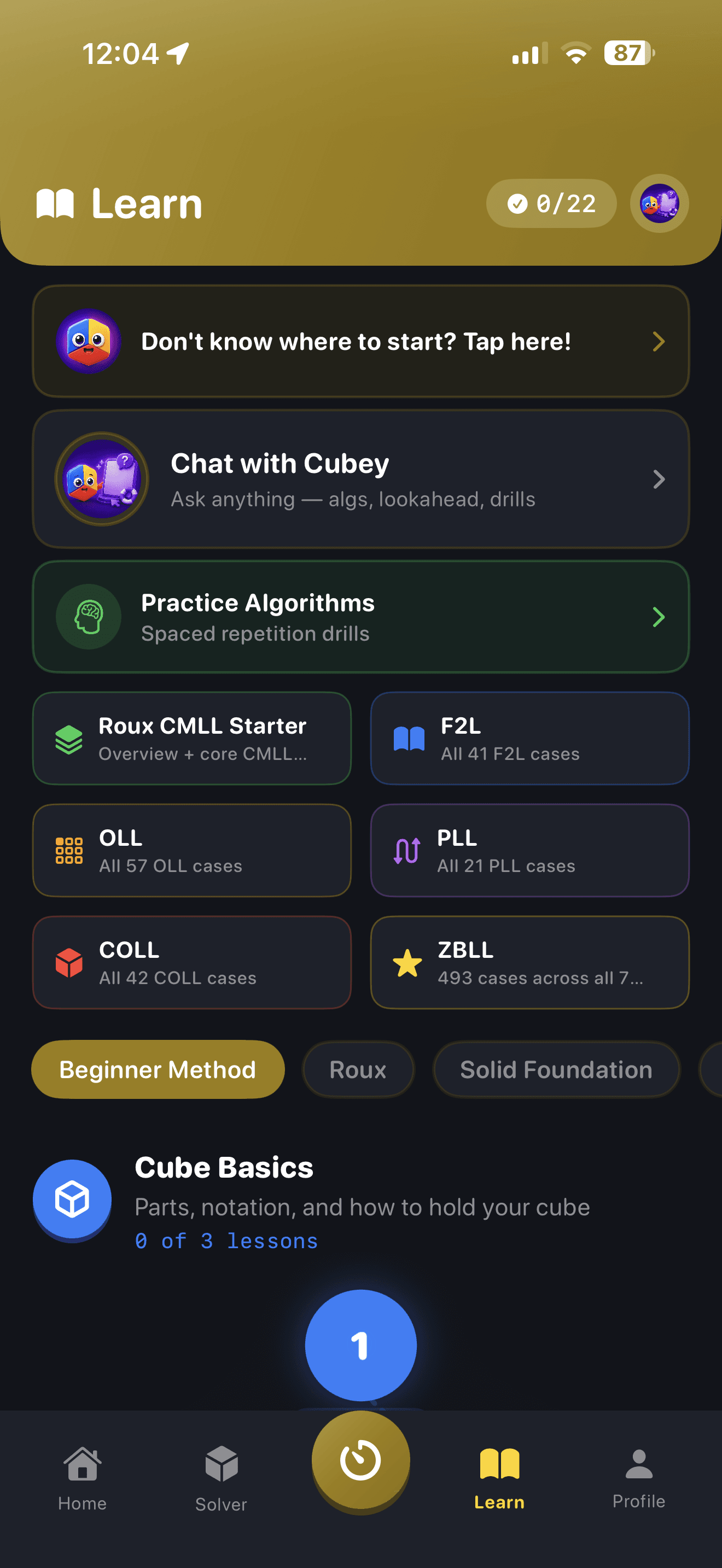 CuberPal learning dashboard with 3x3 lessons, used to reinforce notation and sighted solving before starting blindfolded cubing