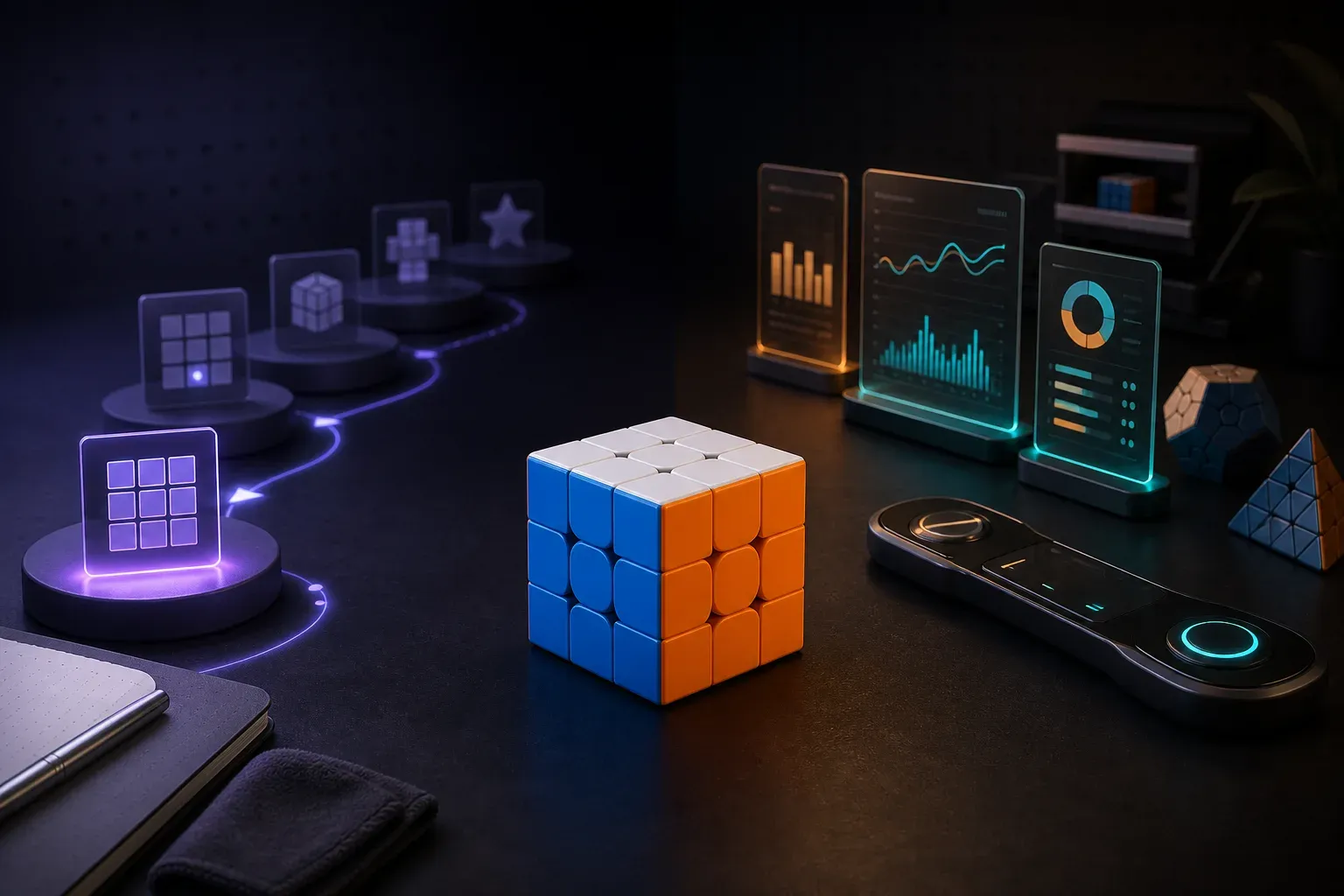 A 3x3 cube between a guided practice sequence and an equally weighted timer-statistics workspace.