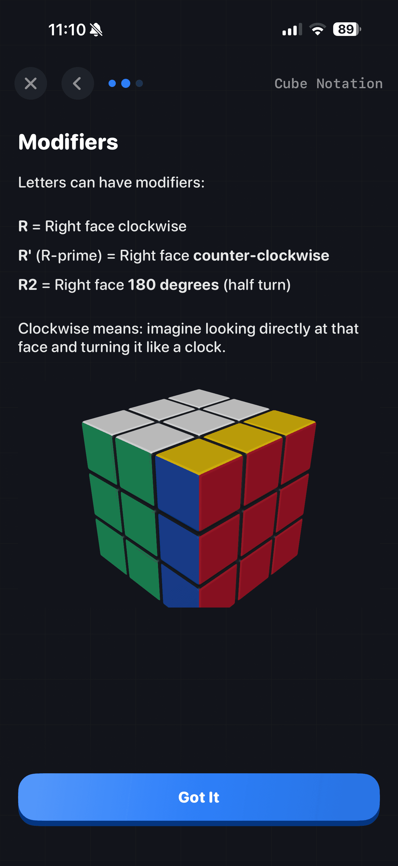 CuberPal Cube Notation lesson explaining R, R-prime, and R2 turn modifiers on a 3x3 cube