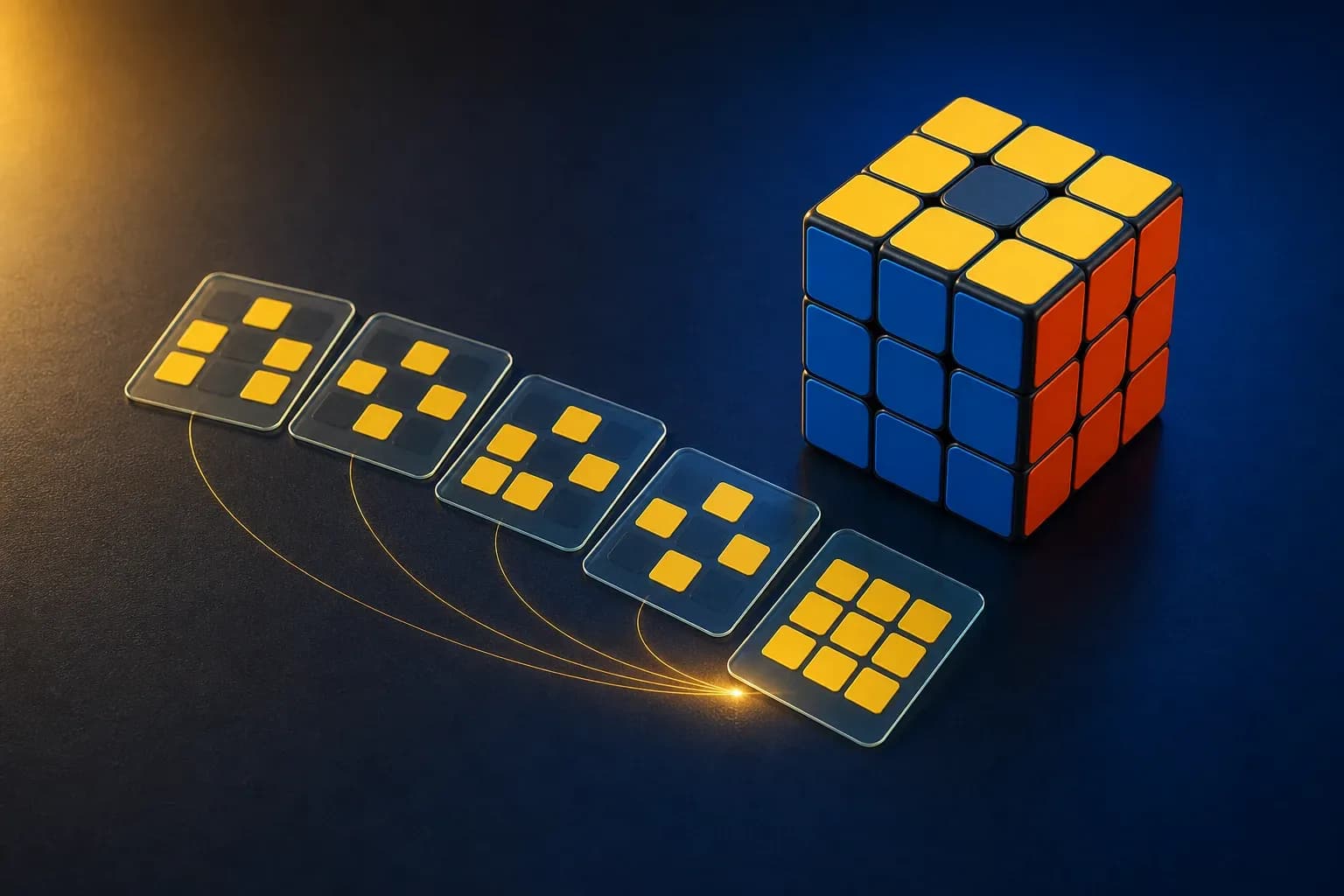 A standard 3x3 cube beside five square-tile OLL pattern cards converging on a full yellow face.