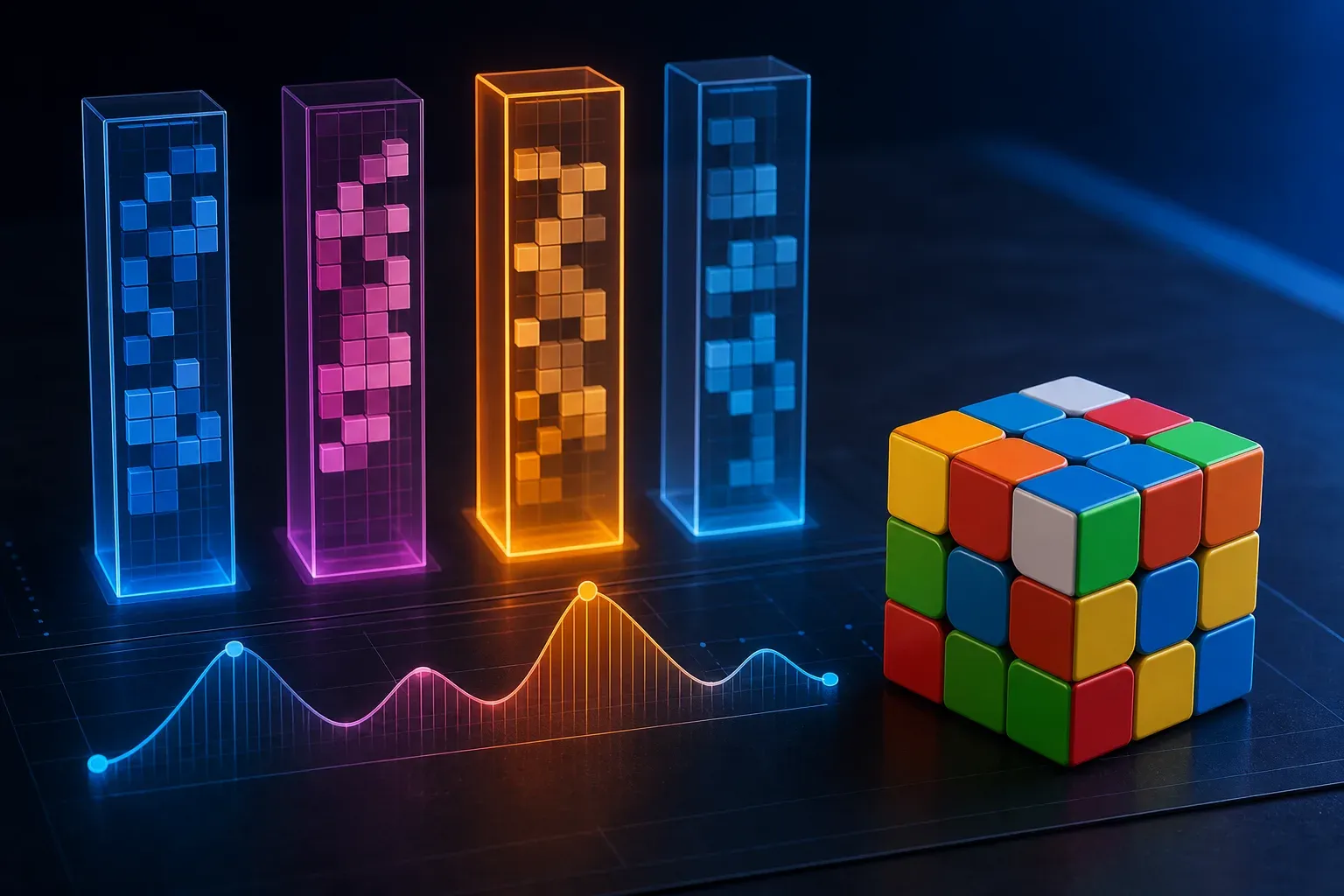 A scrambled 3x3 cube beside four phase columns and a waveform with one highlighted weak point.