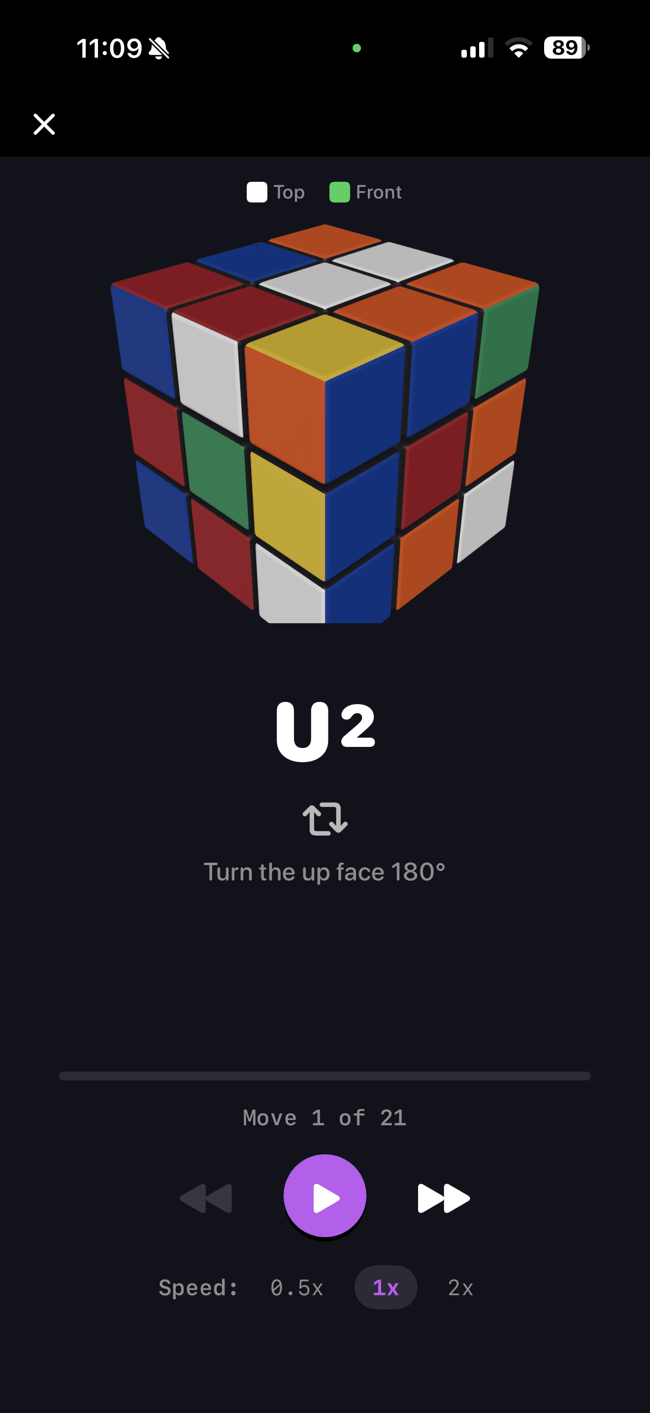 CuberPal solve playback demonstrating a U2 half-turn with a 3D cube and move instruction