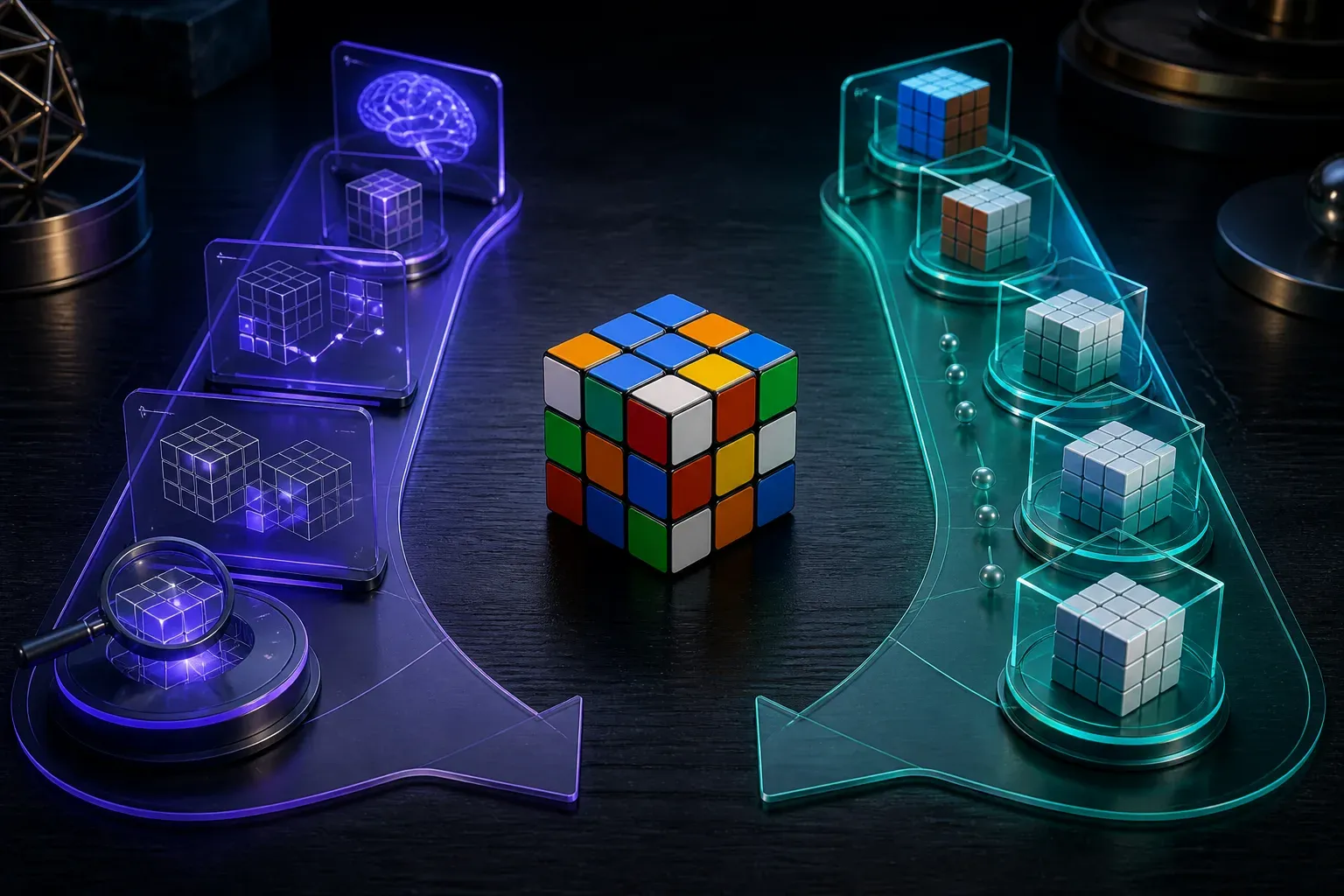 A 3x3 cube between a violet coaching-analysis path and a cyan step-by-step solver path.