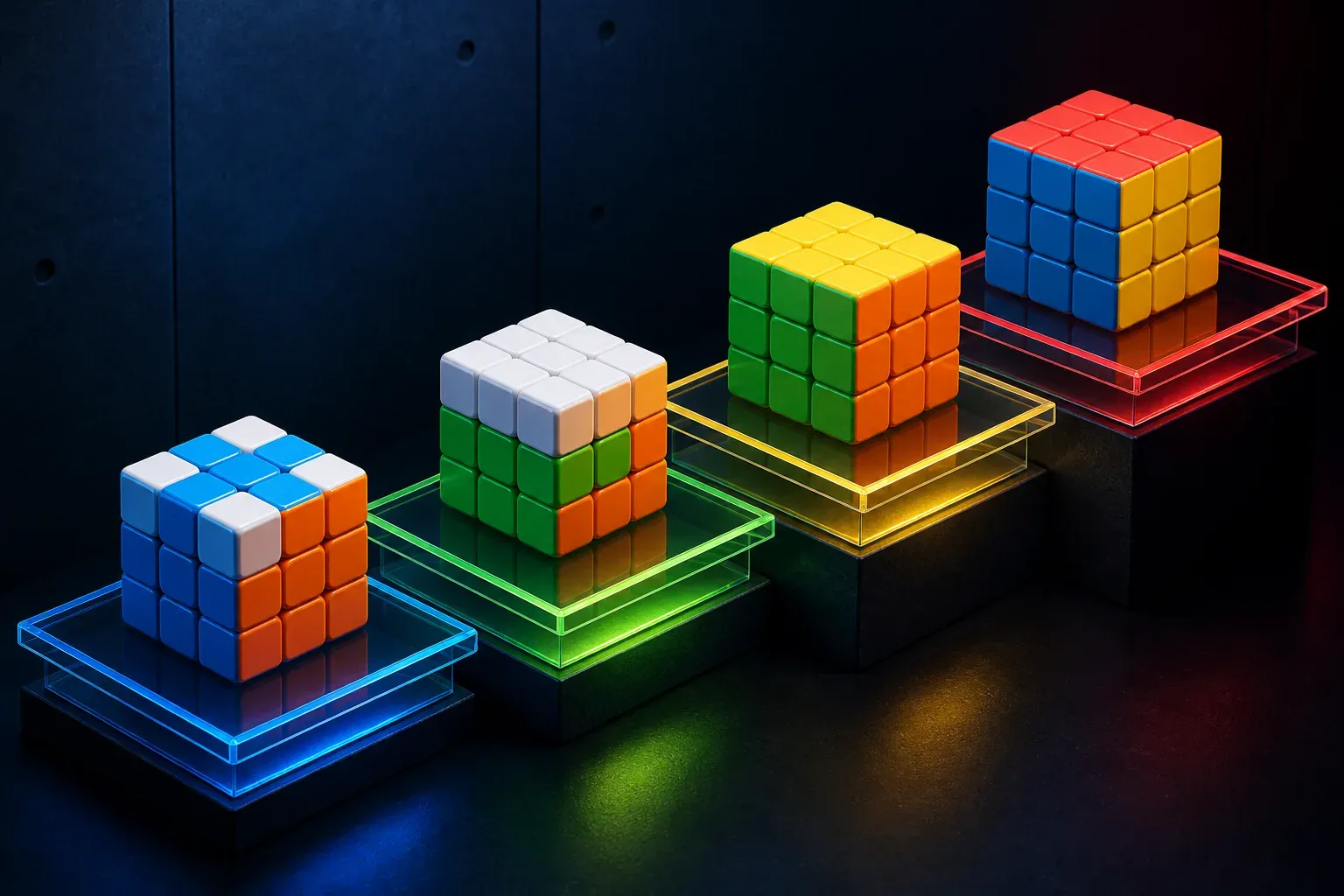 Four 3x3 cube stages ascending through blue, green, yellow, and red CFOP learning platforms.