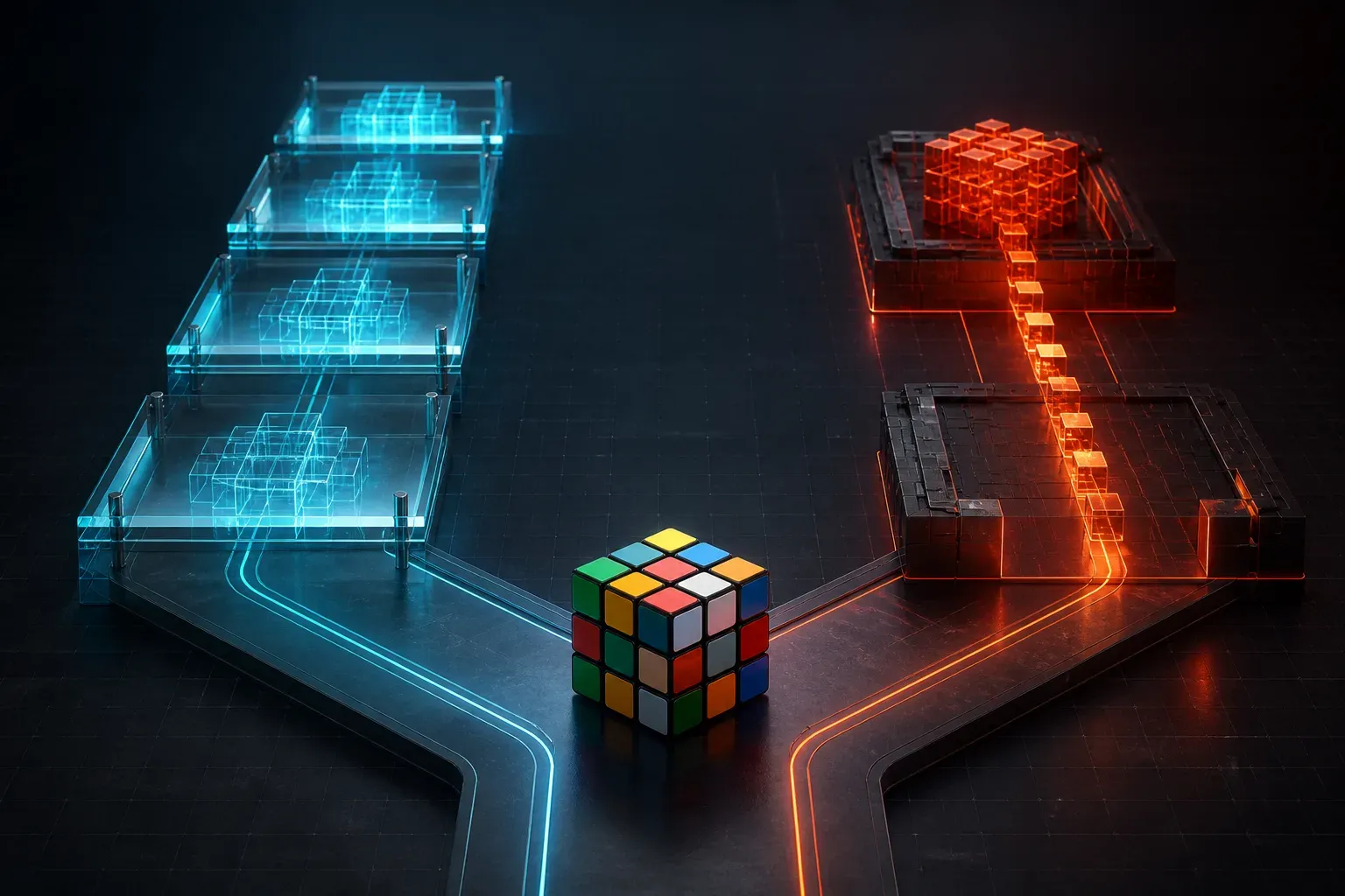 A 3x3 speed cube at an evenly balanced fork between two distinct abstract solving paths.
