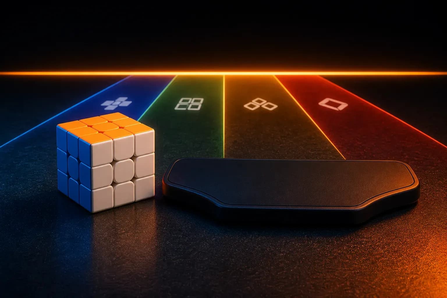 A competition-ready 3x3 cube and blank timing pad facing four phase lanes and a glowing goal line.