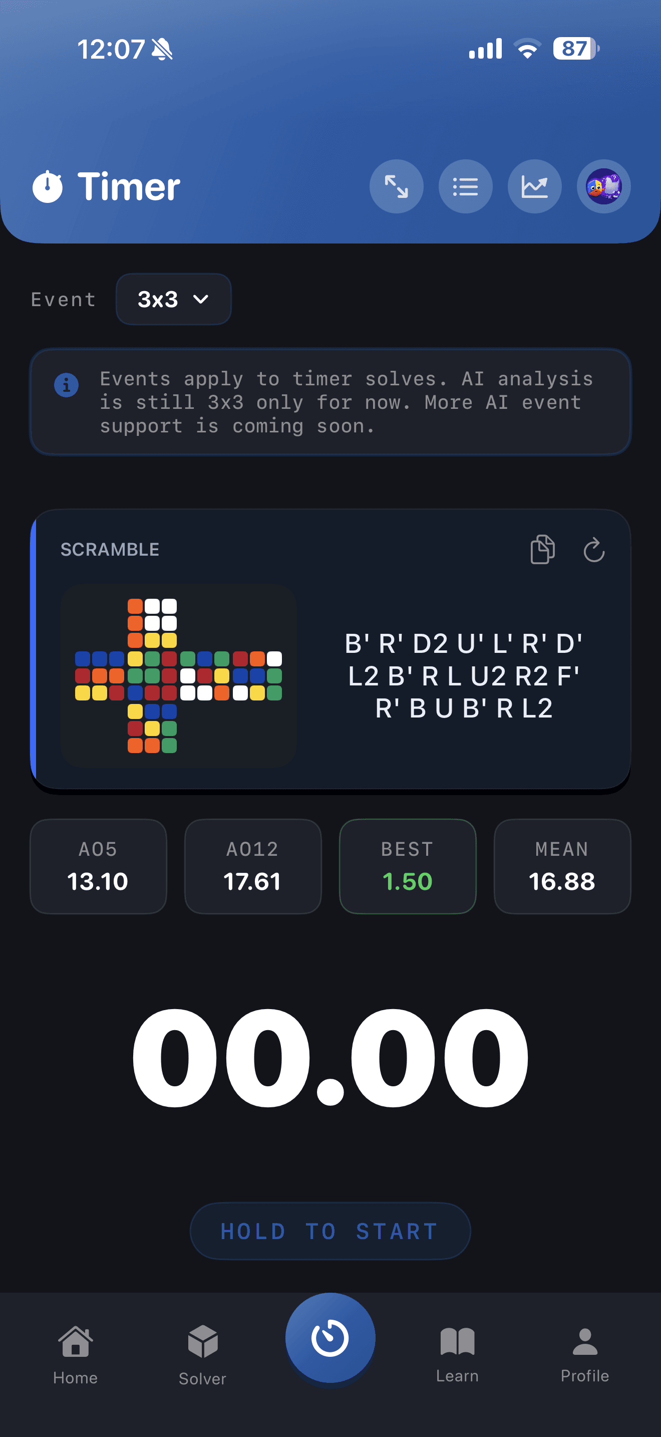 CuberPal 3x3 timer with a scramble and solve statistics for color-neutral practice sets