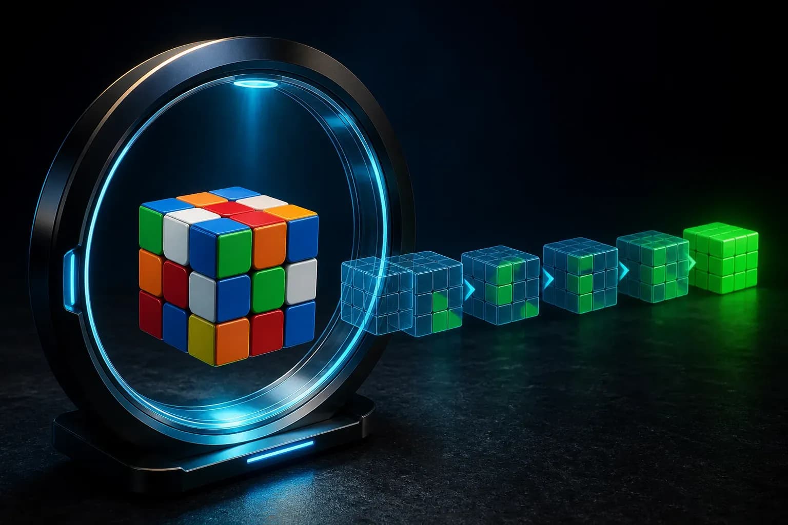 A scrambled 3x3 cube inside an optical scan ring followed by translucent solving stages.