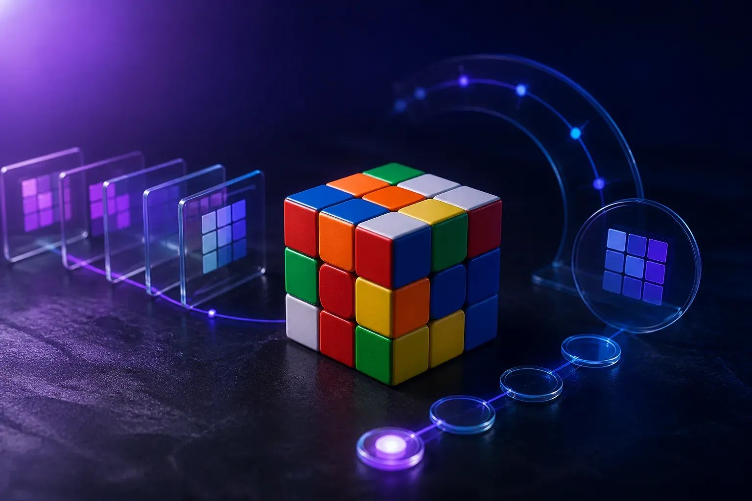 A 3x3 speed cube surrounded by violet diagnostic arcs, phase tiles, and a highlighted practice path.