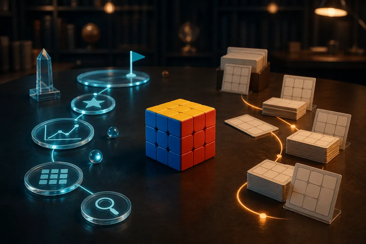 A 3x3 cube between blue coaching markers and warm stacks of blank algorithm recognition cards.