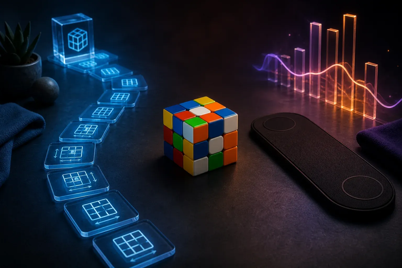 A speed cube between guided practice tiles and an abstract timer statistics path.