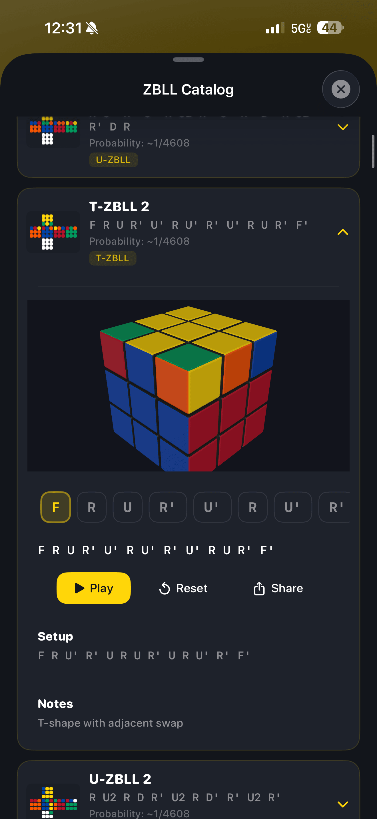CuberPal ZBLL algorithm catalogue with 493 cases, 3D cube previews and tap-through playback