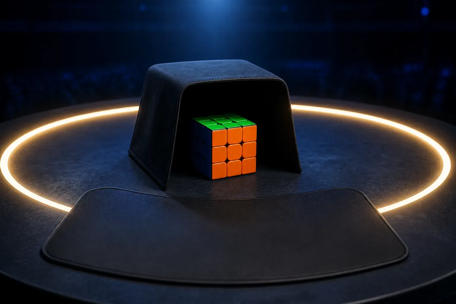 A covered 3x3 competition cube, blank timing mat, and unnumbered inspection halo under arena light.