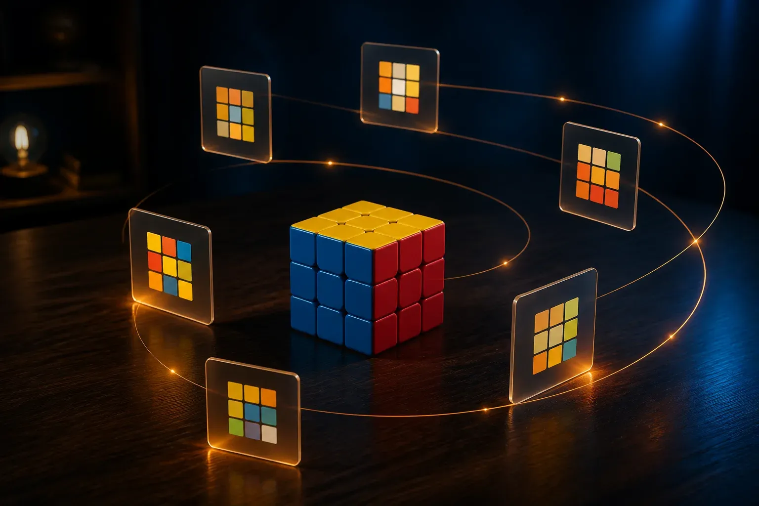 A 3x3 cube encircled by repeating recognition cards on a widening spaced-repetition orbit.