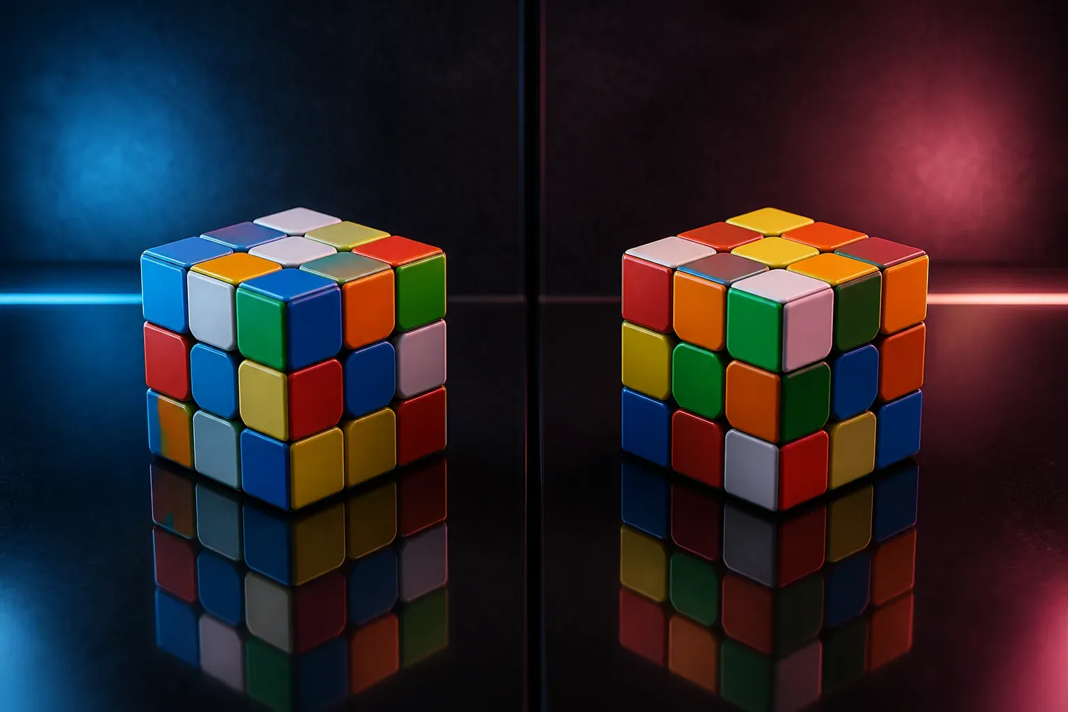Two matching scrambled 3x3 cubes shown in equally lit blue and warm starting orientations.