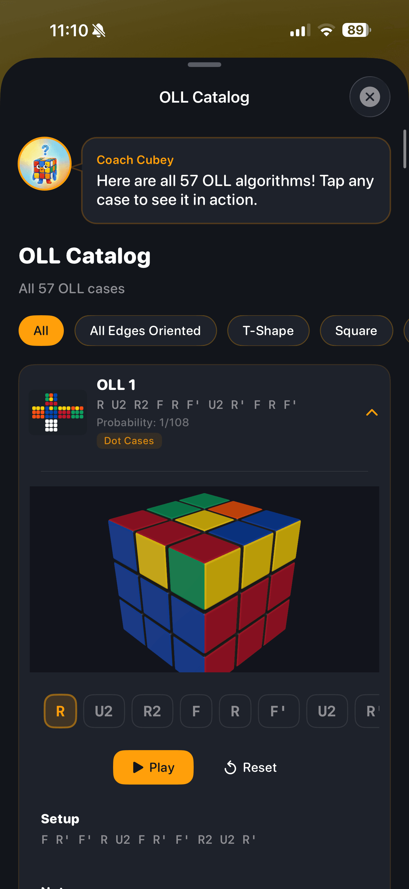 CuberPal OLL algorithm learning modules with all 57 OLL cases tracked