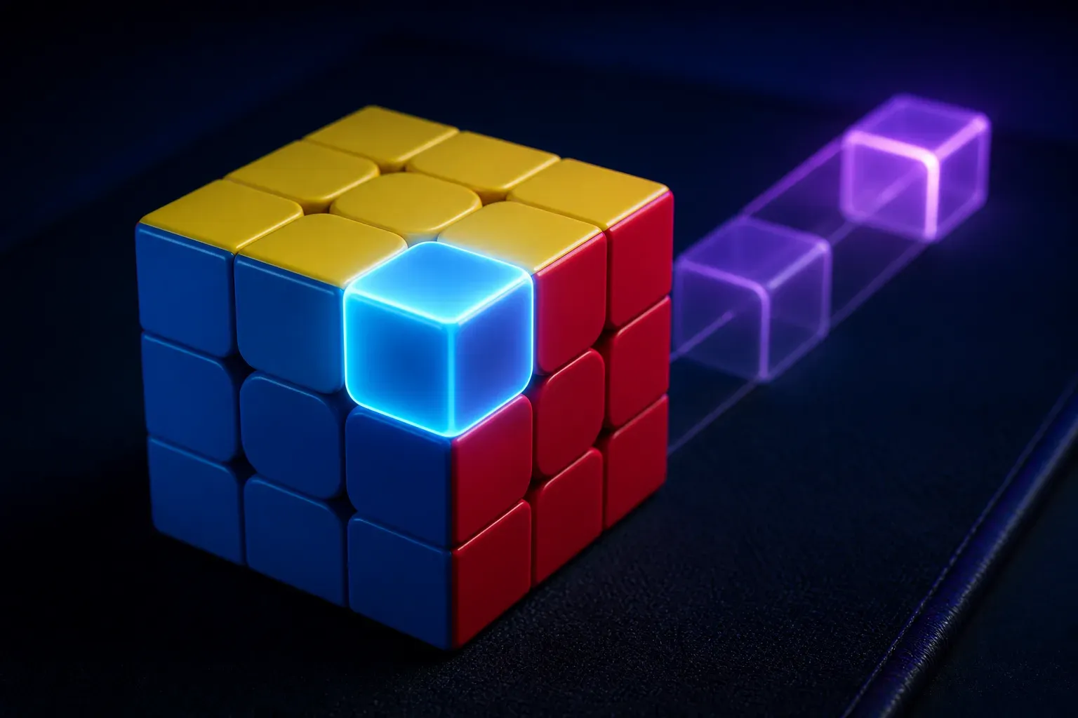 A 3x3 cube with one F2L piece highlighted and a translucent next-pair path extending behind it.