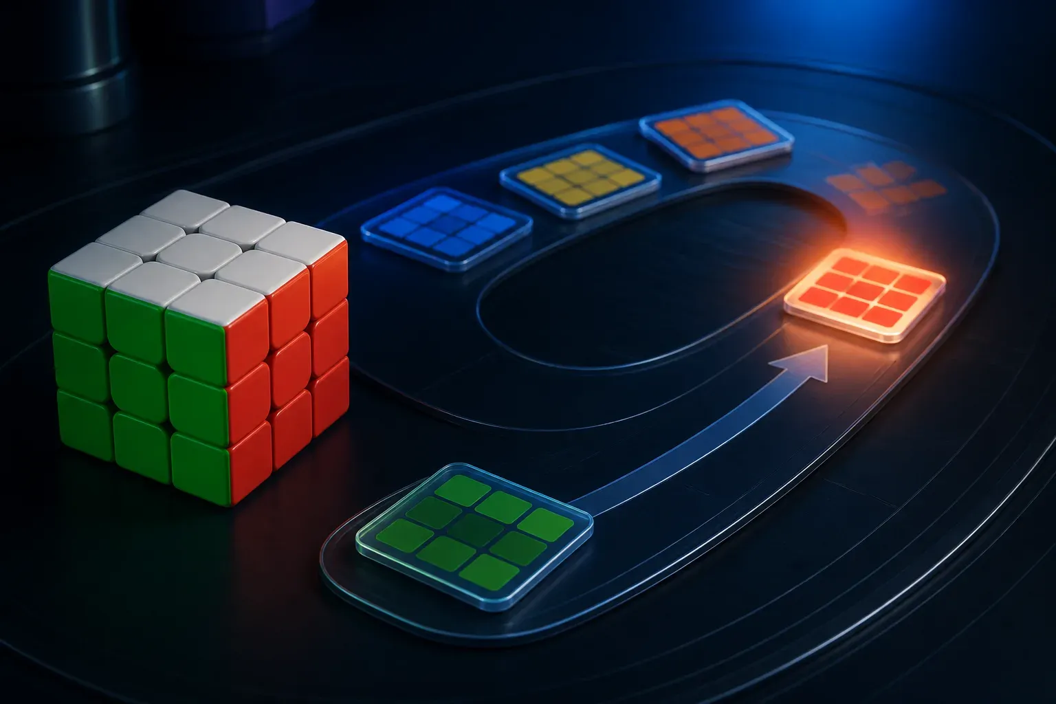 A 3x3 cube beside recognition tiles moving around a looping algorithm-practice track.