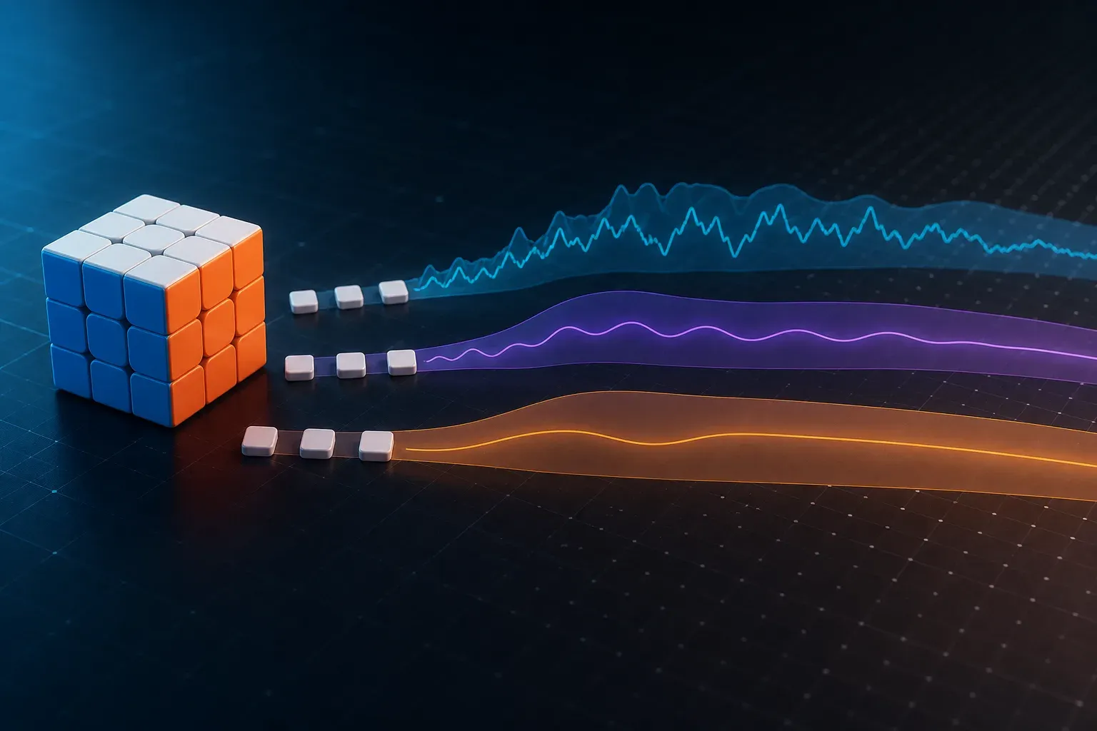 A 3x3 cube feeding solve markers into three increasingly smooth rolling-average ribbons.