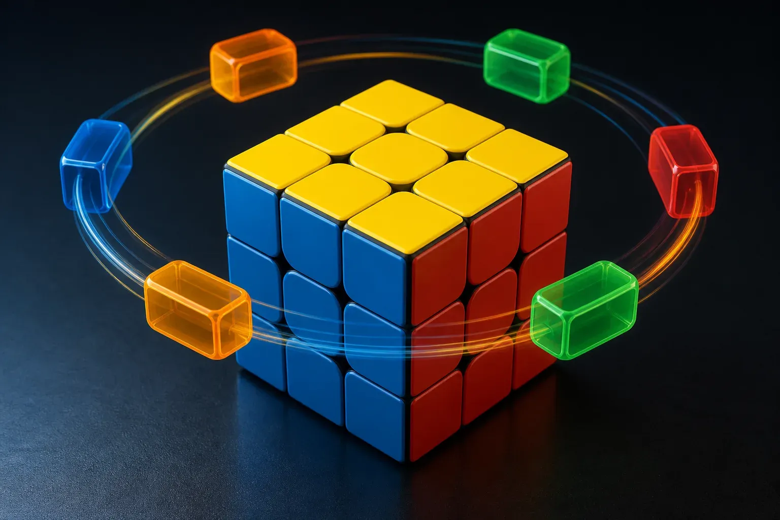 A yellow-top 3x3 cube with colored last-layer pieces traveling around a clean permutation orbit.