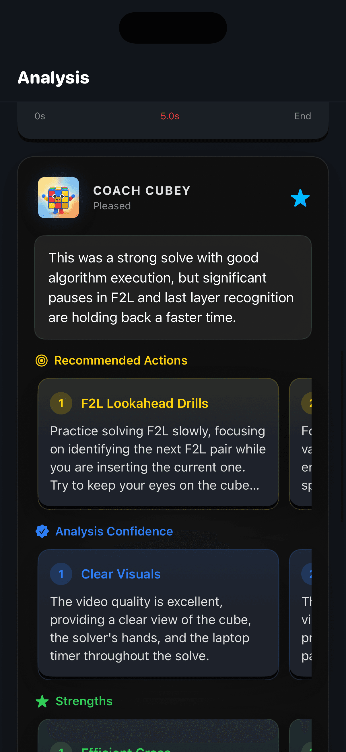 CuberPal Cubey AI coach giving a personalized speedcubing practice recommendation